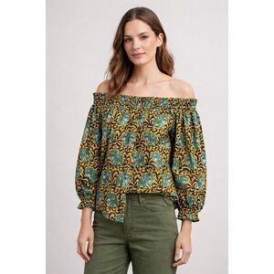 J Crew Elephant Print Off Shoulder Cotton Blouse Ruffle Size 2